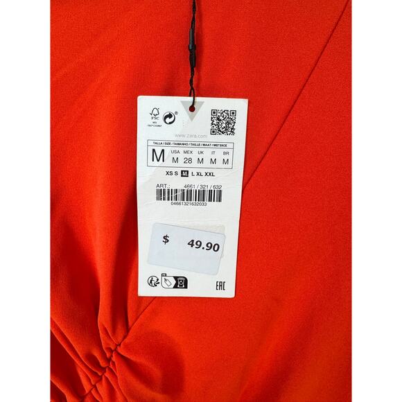 Zara NWT Ruched Seam Dress Red Orange Size Medium Blogger Favorite 4661 321 632 - Picture 4 of 8